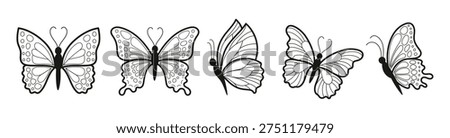 Butterfly Line Art Elements Set. Hand-Drawn Minimal Outline Butterflies, Decorative Designs in a vector illustration
