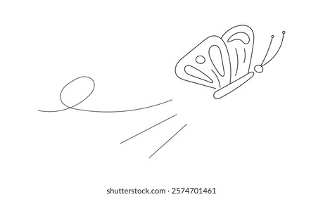 Butterfly line art with flight motion. Minimalistic black and white line drawing, perfect for elegant designs and nature themes.