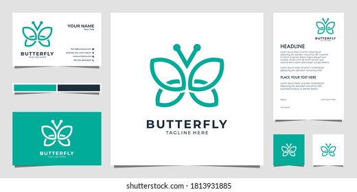 butterfly line art logo design and business card