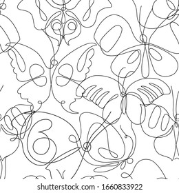 Butterfly line art seamless pattern. Flying butterflies on simple background. Continuous line drawing of butterfly. Hand drawn vector illustration