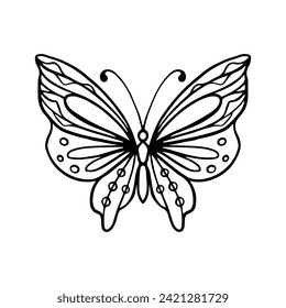 Butterfly line art. Simple minimal butterfly line tattoo icon logotype. Butterfly Black And White Illustration White Background. Butterfly Coloring Book