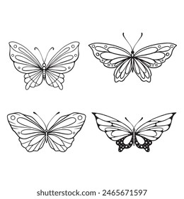 Butterfly line art. Simple minimal butterfly line tattoo icon logotype. Butterfly Black And White Illustration White Background. Butterfly Coloring Book