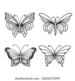 Butterfly line art. Simple minimal butterfly line tattoo icon logotype. Butterfly Black And White Illustration White Background. Butterfly Coloring Book