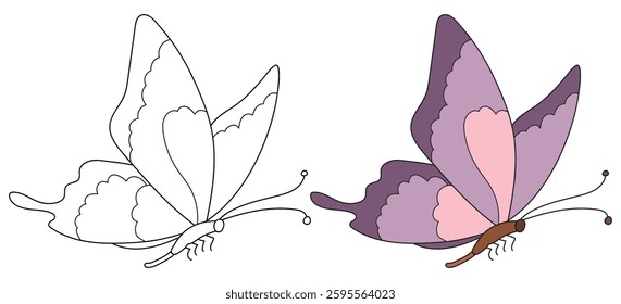 Butterfly Line Art Vector Outline Illustration Black and White with Coloring Sample