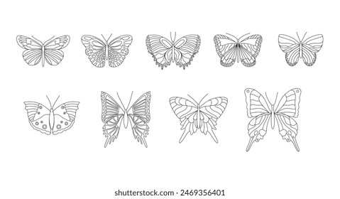 Butterfly line hand drawn vector illustration set. Butterflies doodle collection. Various ornate insects linear drawing for tattoo, coloring pages, print, logo. Editable stroke.