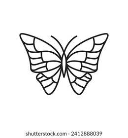 Icono de línea de mariposa para arte de tatuaje o decoración, silueta de esbozo de contorno vectorial. insecto de mariposa con ornamento en las alas, decoración abstracta de garabato de línea delgada de mariposa para impresión de patrones