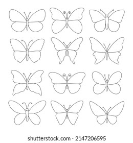 Butterfly line set. Various butterflies linear shapes collection. Vector illustration isolated on white.
