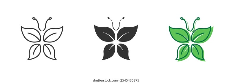 Butterfly Line and Silhouette Icon Set. Organic Eco Nature Decoration. Natural Environment Beautiful Plant Symbol. Editable Stroke. Isolated Vector Illustration.