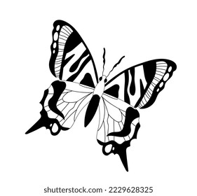 Butterfly line silhouette. Minimalistic graphic element for printing on fabric. Aesthetics and elegance, style. Spring season and wild life. Tenderness and love. Cartoon flat vector illustration