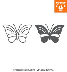 Icono de línea de mariposa y sólido, icono de estilo de contorno para sitio web o aplicación móvil, Semana Santa y verano, icono de vector de insecto de mosca, ilustración vectorial simple, gráficos vectoriales con trazos editables.