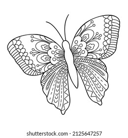 Butterfly linear image, simple hand drawn outline vector black and white illustration, coloring page for relax and meditation