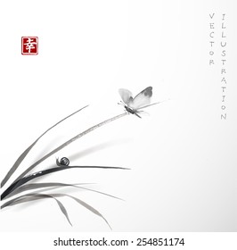 Butterfly and little snail on leaves of grass. Hand-drawn with ink in traditional Japanese style sumi-e. Sealed with hieroglyph "happiness" 