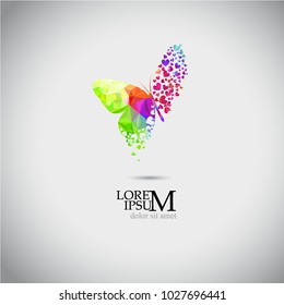 Butterfly logo with colored hearts. Vector