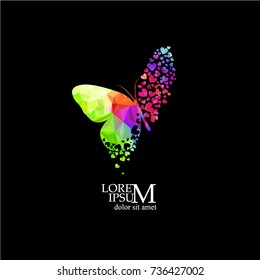 Butterfly logo with colored hearts. Vector
