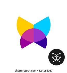 Butterfly logo. Colorful geometric circle sectors overlay butterfly icon.