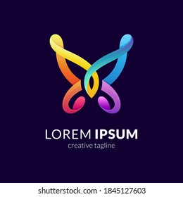 Butterfly logo with colorful ribbon 3d concept on dark background