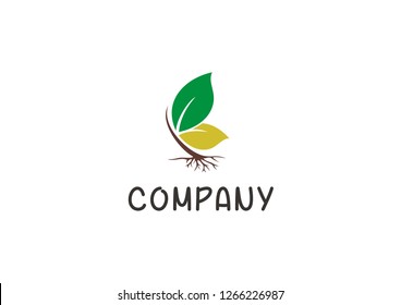 Butterfly logo concept with leaves, stem, and root icon