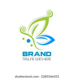 Butterfly logo design. Abstract symbols of butterflies and green leaves of nature. Premium logos for universal brands