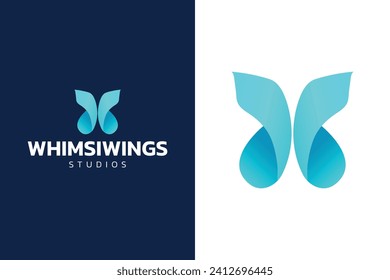 Diseño del logotipo de mariposa. Una mariposa con alas estiradas, representada en un gradiente azul suave. Logo destinado a un preescolar, una tienda de juguetes o un estudio de diseño gráfico. Símbolo de las alas de gradiente azul- Vector