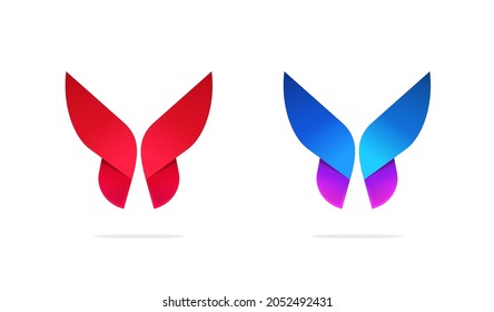 Butterfly logo geometric symmetric gradient style vector logotype template design in blue purple violet red colors for cosmetic or beauty elegance company identity, isolated vivid icon modern symbol 