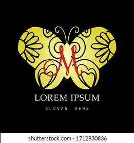 Butterfly logo, golden butterfly with initial "M" and black background