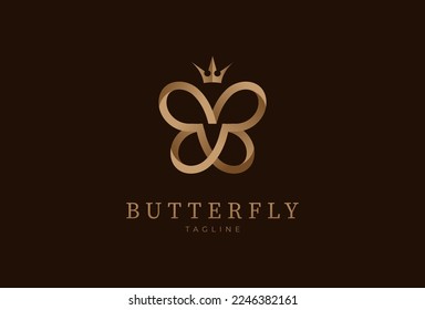 Butterfly Logo, modern butterfly with crown in gold colour,  vector illustration