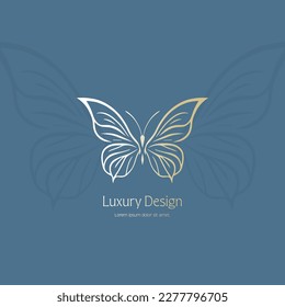 Butterfly logo on a blue background. Golden vector template motif. Luxury design elements. Great for fabric and textile, wallpaper, packaging or any desired idea.