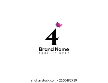Butterfly Logo On Letter 4 Template. Butterfly On 4 Letter, Initial Butterfly Sign Concept Template
