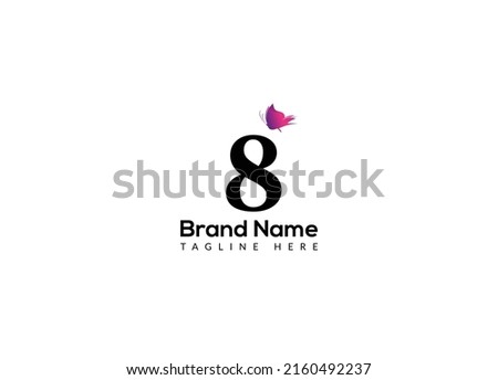 Butterfly Logo On Letter 8 Template. Butterfly On 8 Letter, Initial Butterfly Sign Concept Template