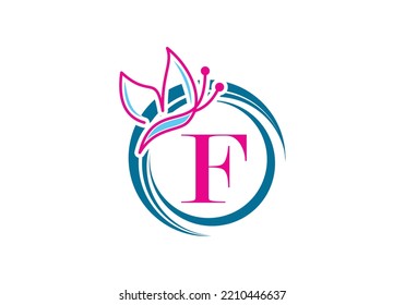 Butterfly Logo On Letter F Template.  Initial Butterfly Sign Concept Template.