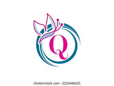 Butterfly Logo On Letter Q Template.  Initial Butterfly Sign Concept Template.