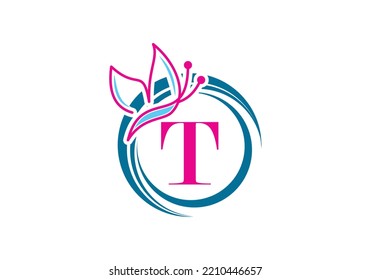 Butterfly Logo On Letter T Template.  Initial Butterfly Sign Concept Template.