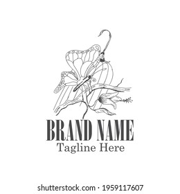 Butterfly logo on twigs and birdcage behind it in hand drawn art