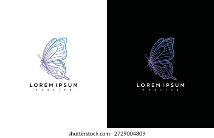 Diseño de la Plantilla del logotipo de la mariposa con el contorno azul en fondos contrastantes