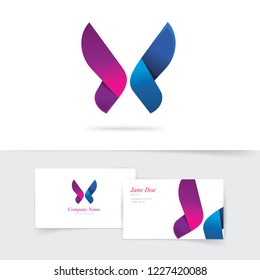 Butterfly logo template vector with purple wings design, abstract gradient butterfly in blue and violet colors, beautiful modern vector logotype icon for business card, brand or identity