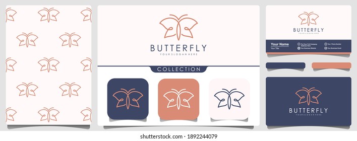 butterfly logo vector with line art style. Concept for luxury jewelry and accessories store, beauty spa salon and cosmetics shop. set of logo, pattern and business card design