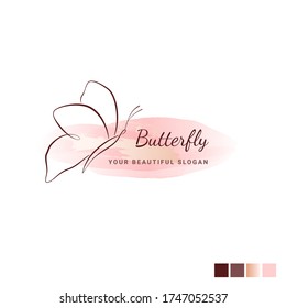 Butterfly logo vector. Line hand-drawn illustration with gold watercolor brush stroke