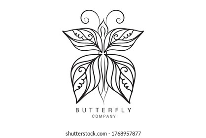 Modelo vectorial del logotipo de mariposa para cosmética, belleza, spa. Ilustración de mariposa dibujada a mano en blanco y negro. estilo vintage 