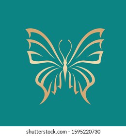 Butterfly logo.Beautiful, decorative icon with ornamental wings.Creative flying shape in golden color isolated on dark teal background.Beauty,spa,fashion,luxury boutique,elegant art style.