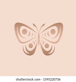 Butterfly logo.Beautiful, decorative icon with ornamental wings.Flying shape in rose gold metallic color isolated on light pink background.Beauty, spa, fashion, boutique, elegant art style.