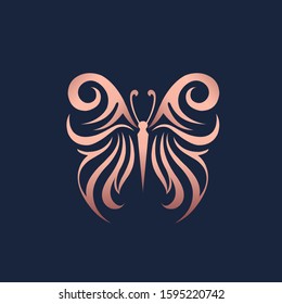 Butterfly logo.Beautiful, decorative icon with ornamental wings.Creative flying shape in light pink metallic color isolated on dark background.Beauty,spa,fashion,luxury boutique,elegant art style.