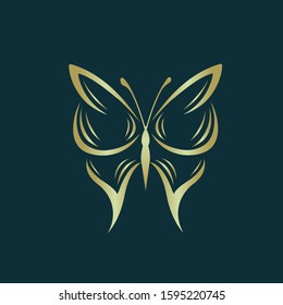 Butterfly logo.Beautiful, decorative icon with ornamental wings.Creative flying shape in golden metallic color isolated on dark background.Beauty,spa,fashion,luxury boutique,elegant art style.