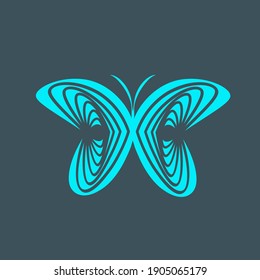 Butterfly logo.Decorative lines flying insect icon isolated on dark background.Beauty, spa, nature, gift boutique sign.Neon blue color.Wings shape.