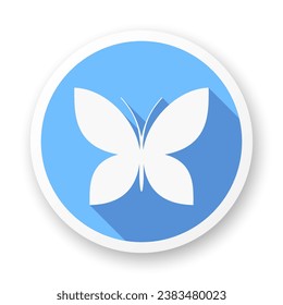 Butterfly long shadow icon. Stylized white glyph on blue background.