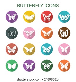 butterfly long shadow icons, flat vector symbols