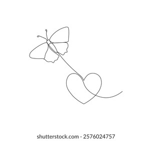 Butterfly and love sign. One continuous line drawing of heart. Symbol of Valentine day and romantic moment. Editable stroke. Doodle line illustration