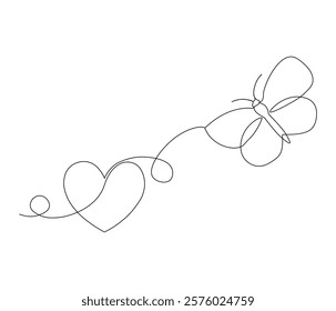 Butterfly and love sign. One continuous line drawing of heart. Symbol of Valentine day and romantic moment. Editable stroke. Doodle line illustration