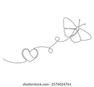 Butterfly and love sign. One continuous line drawing of heart. Symbol of Valentine day and romantic moment. Editable stroke. Doodle line illustration