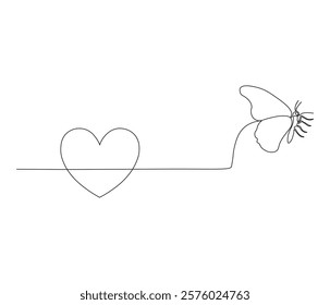 Butterfly and love sign. One continuous line drawing of heart. Symbol of Valentine day and romantic moment. Editable stroke. Doodle line illustration