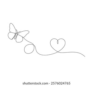 Butterfly and love sign. One continuous line drawing of heart. Symbol of Valentine day and romantic moment. Editable stroke. Doodle line illustration